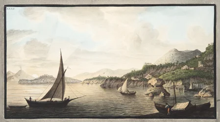 Widok na część wyspy Ischia zwaną Lacco, plansza XXXII, z "Campi Phlegraei: Observations on the Volcanoes of the Two Sicilies", autorstwa Sir Williama Hamiltona (1730-1803), opublikowanego w 1776 r. (rękopis).